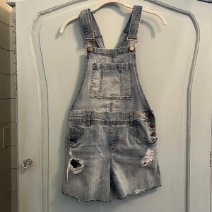 Distressed Overall Shorts with crisscross back